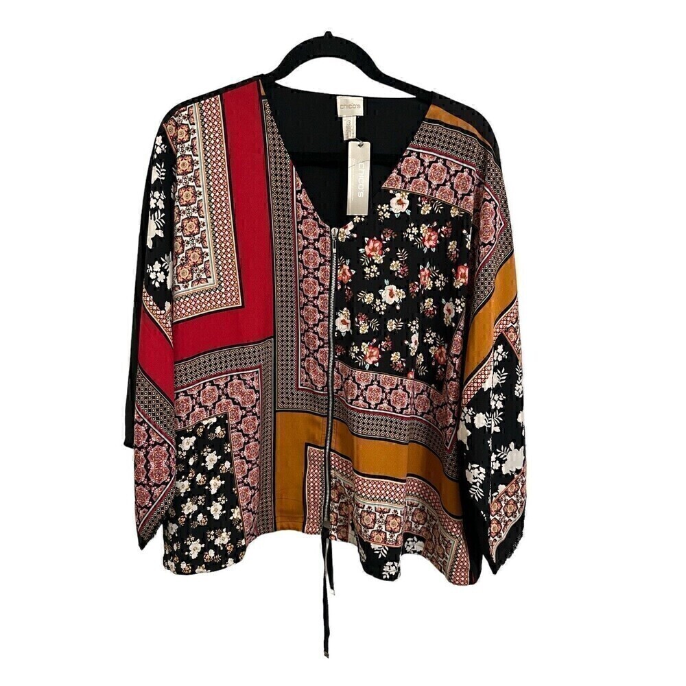 NEW Chicos Blouse Size XL Womens Bohemian Patchwork Zipper Front Top 3/4 Sleeve